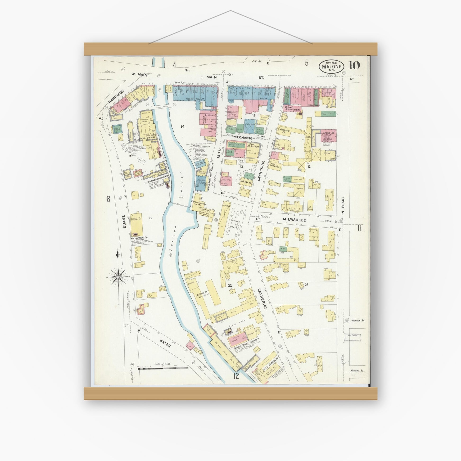 Old map wall art mockup — magnetic wood frame on white wall — Sanborn Fire Insurance Map from Malone, Franklin County, New York (1908), Sheet #0010