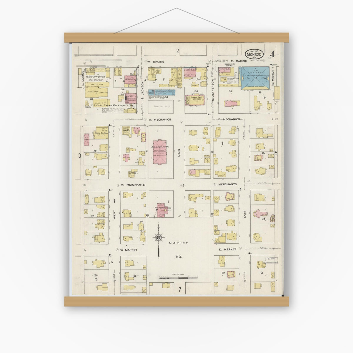 Old map wall art mockup — magnetic wood frame on white wall — Sanborn Fire Insurance Map from Monroe, Green County, Wisconsin (1915), Sheet #0004