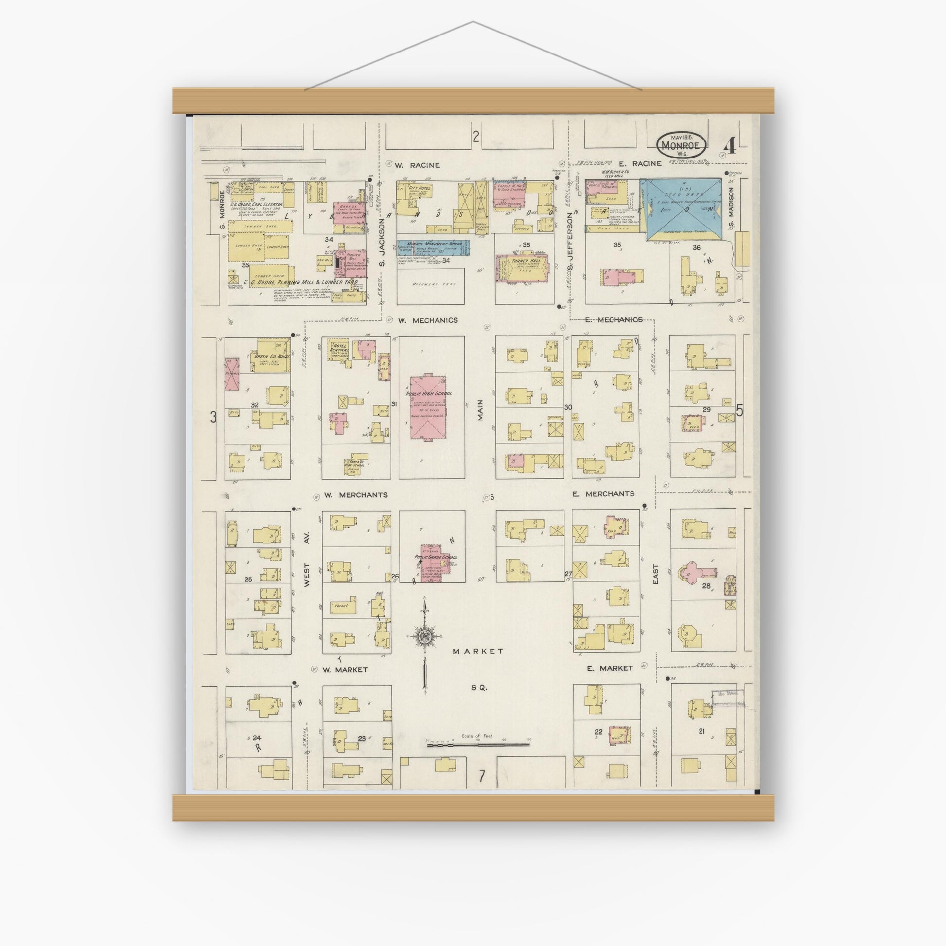 Old map wall art mockup — magnetic wood frame on white wall — Sanborn Fire Insurance Map from Monroe, Green County, Wisconsin (1915), Sheet #0004