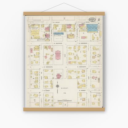 Old map wall art mockup — magnetic wood frame on white wall — Sanborn Fire Insurance Map from Monroe, Green County, Wisconsin (1915), Sheet #0004