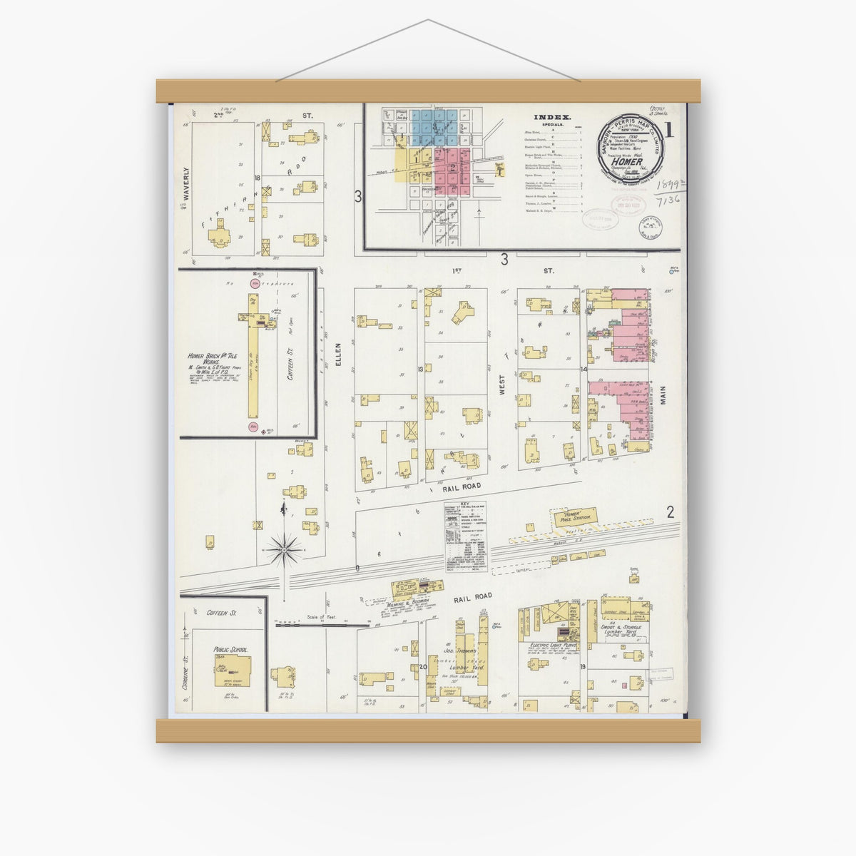 Old map wall art mockup — magnetic wood frame on white wall — Sanborn Fire Insurance Map from Homer, Champaign County, Illinois (1898), Sheet #0001