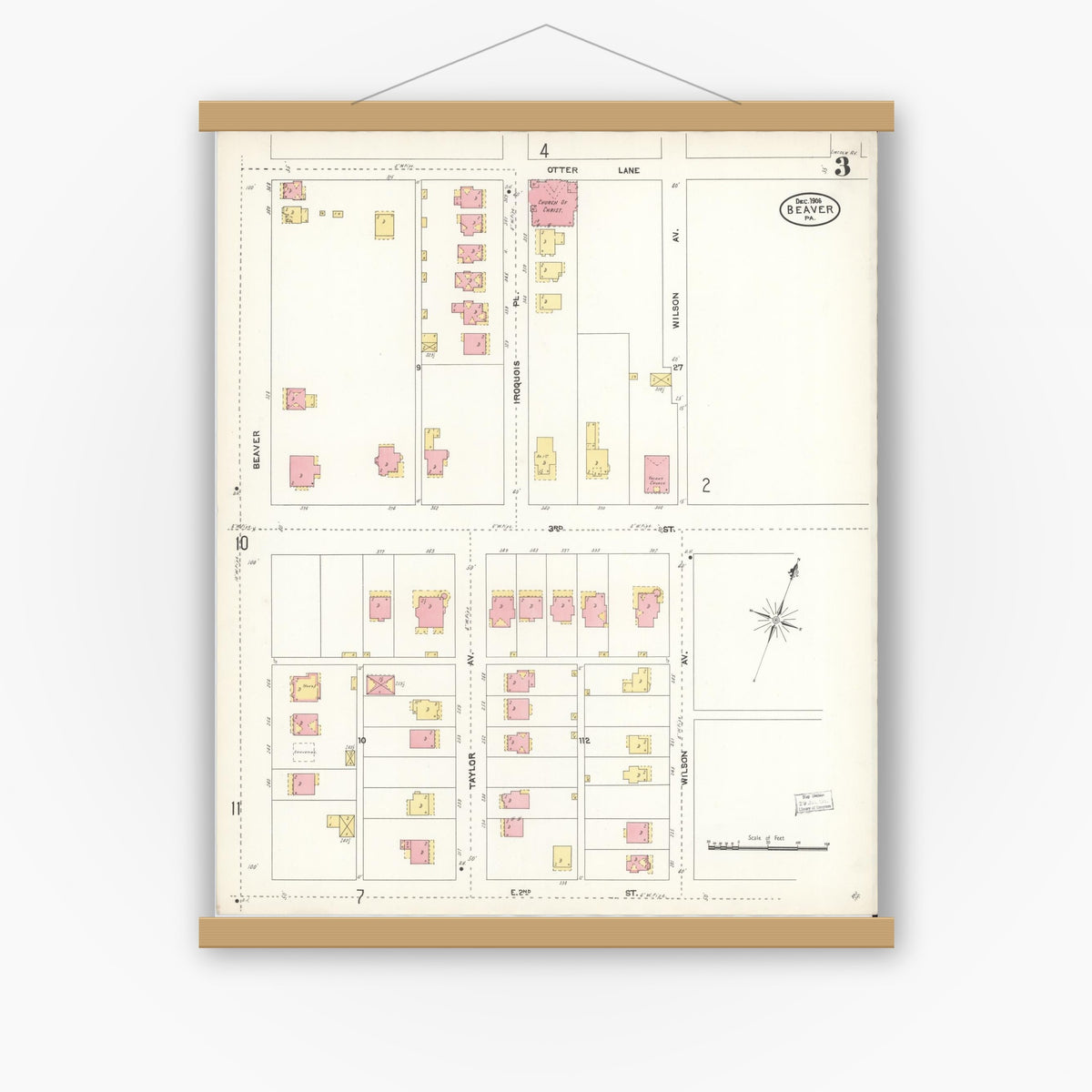 Old map wall art mockup — magnetic wood frame on white wall — Sanborn Fire Insurance Map from Beaver, Beaver County, Pennsylvania (1906), Sheet #0003