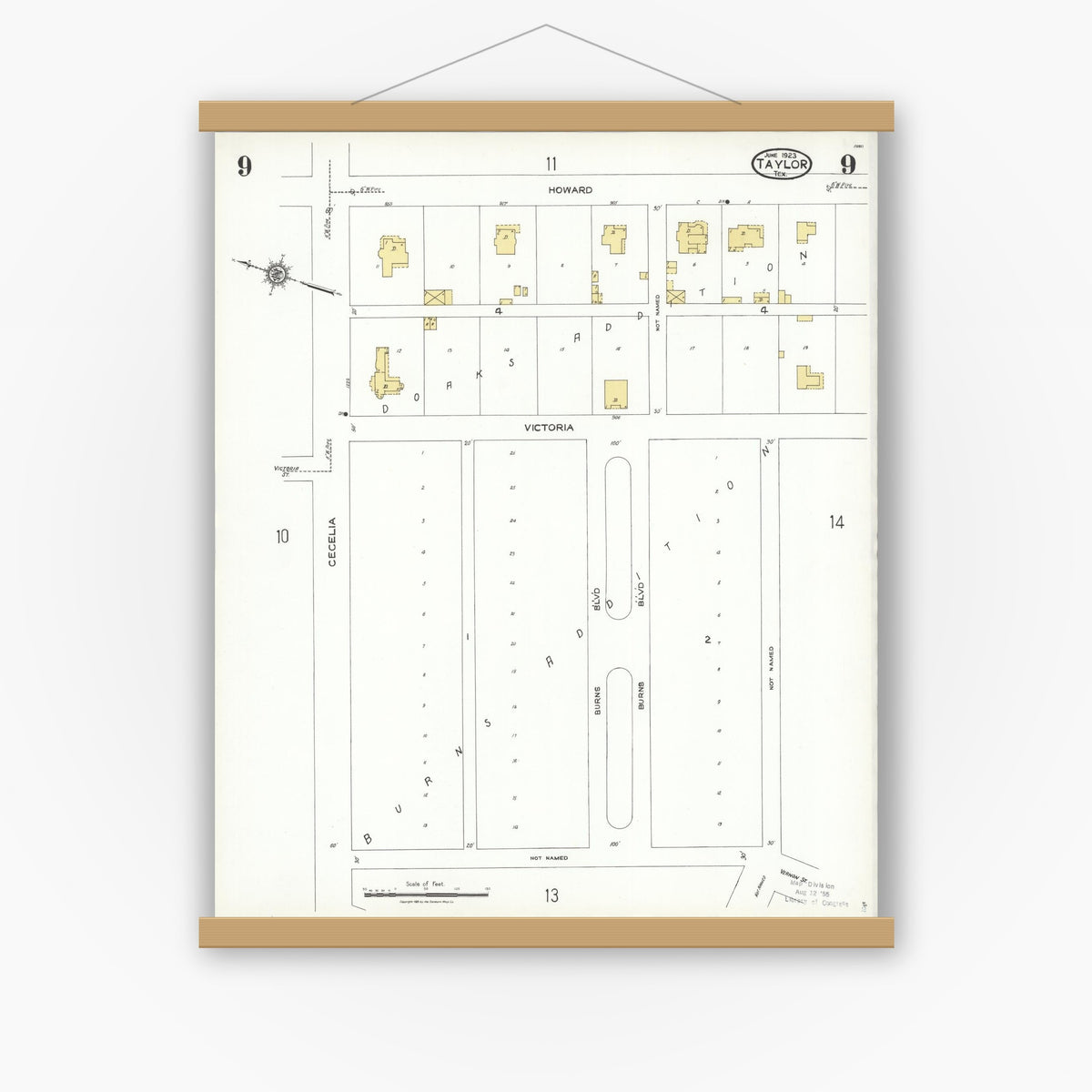 Old map wall art mockup — magnetic wood frame on white wall — Sanborn Fire Insurance Map from Taylor, Williamson County, Texas (1923), Sheet #0009