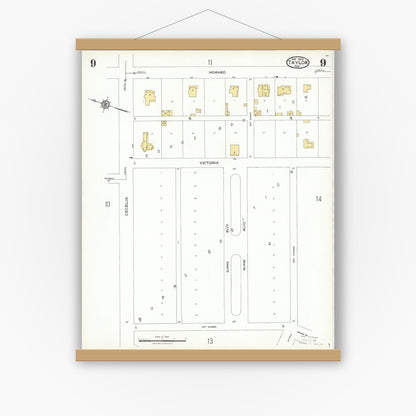 Old map wall art mockup — magnetic wood frame on white wall — Sanborn Fire Insurance Map from Taylor, Williamson County, Texas (1923), Sheet #0009