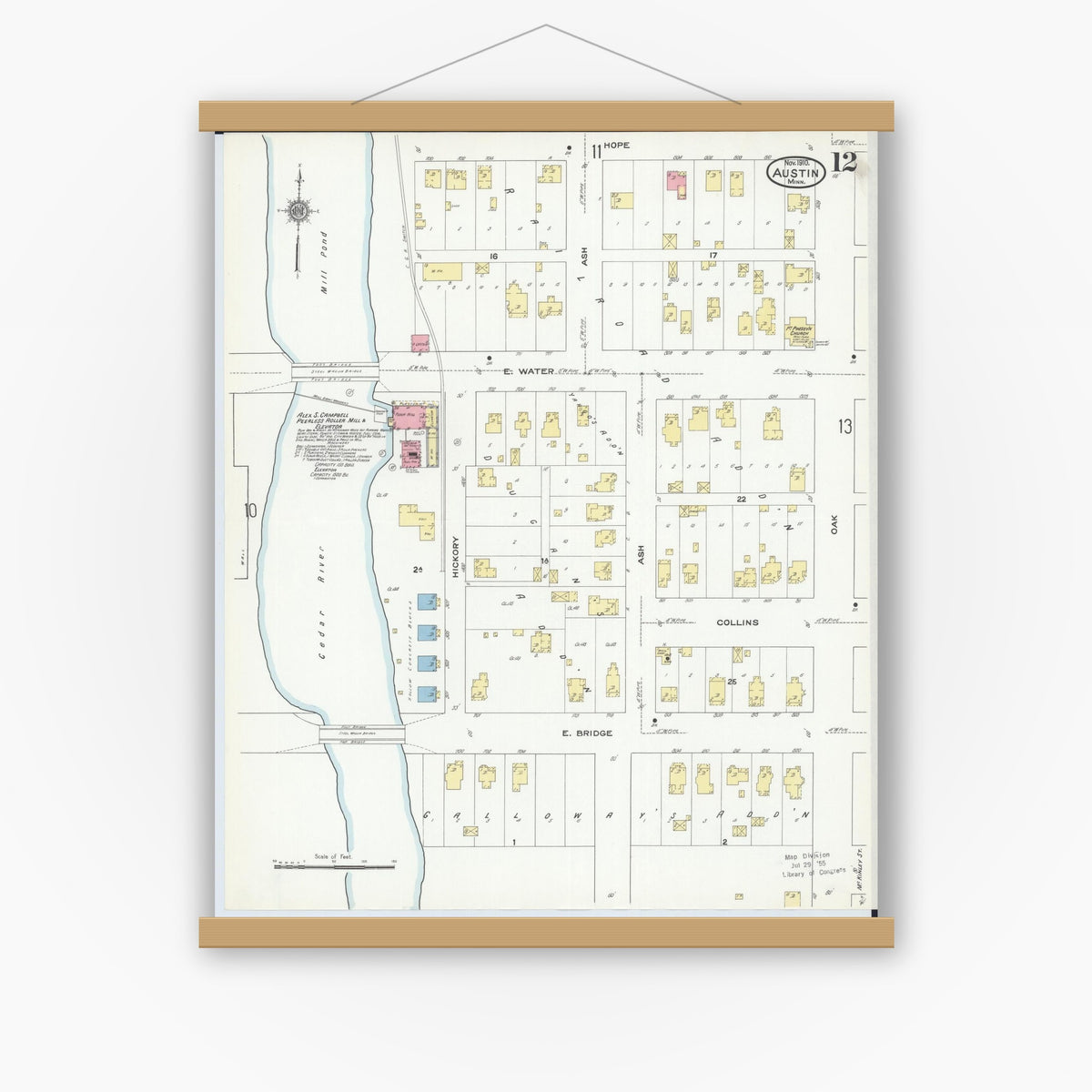 Old map wall art mockup — magnetic wood frame on white wall — Sanborn Fire Insurance Map from Austin, Mower County, Minnesota (1910), Sheet #0012
