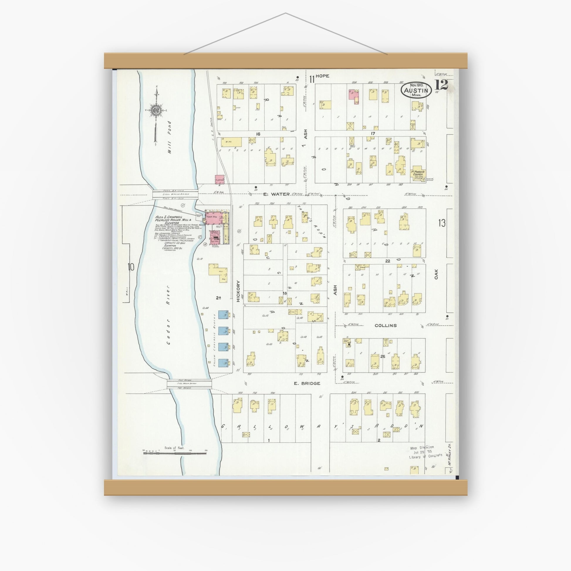 Old map wall art mockup — magnetic wood frame on white wall — Sanborn Fire Insurance Map from Austin, Mower County, Minnesota (1910), Sheet #0012