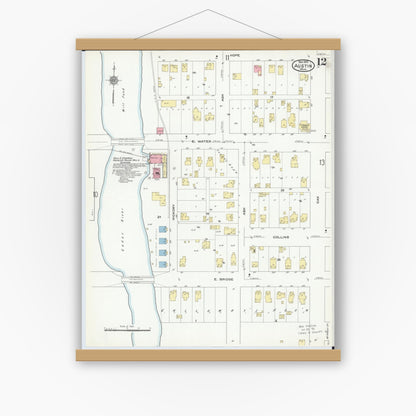 Old map wall art mockup — magnetic wood frame on white wall — Sanborn Fire Insurance Map from Austin, Mower County, Minnesota (1910), Sheet #0012