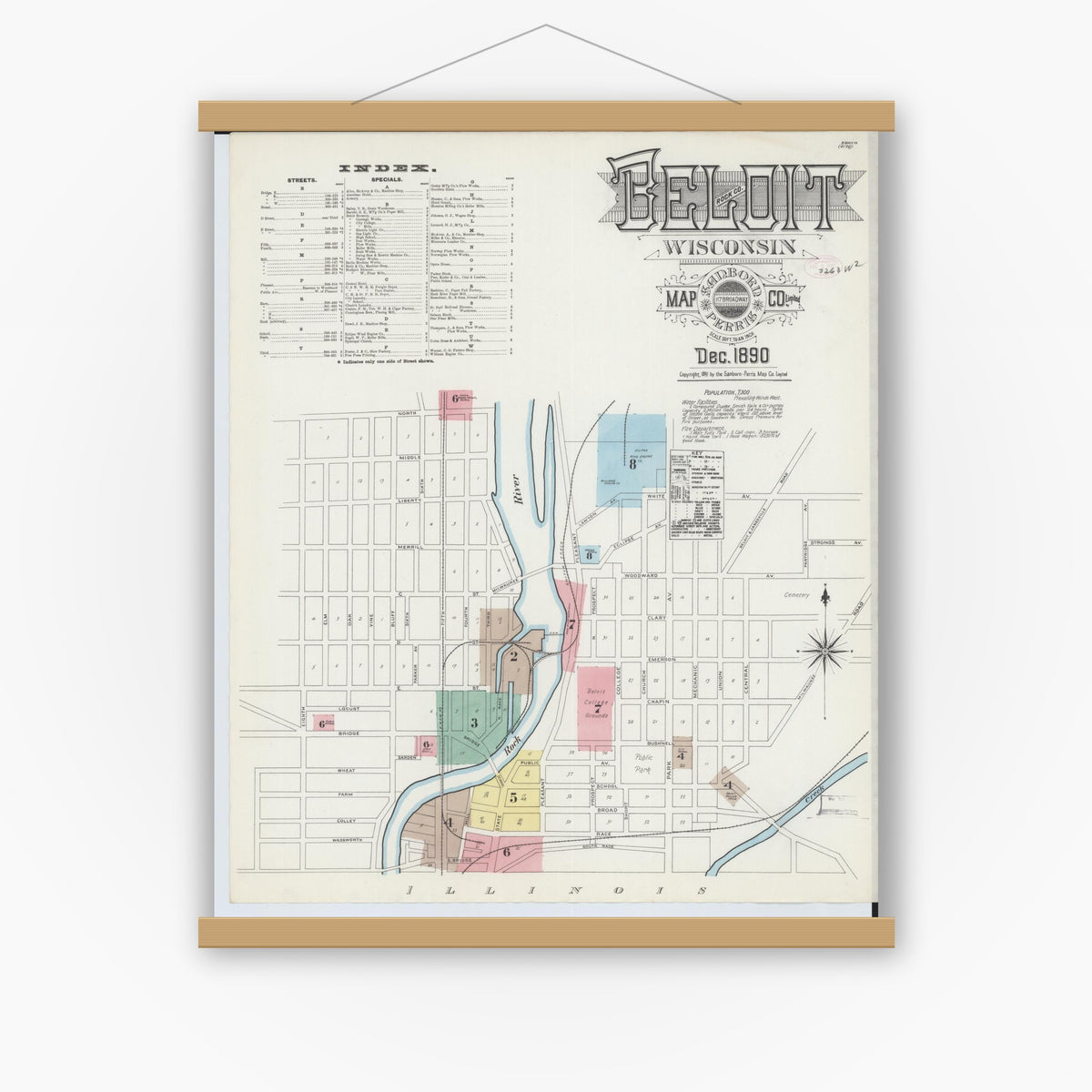 Old map wall art mockup — magnetic wood frame on white wall — Sanborn Fire Insurance Map from Beloit, Rock County, Wisconsin (1890), Sheet #0001