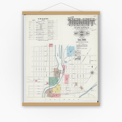 Old map wall art mockup — magnetic wood frame on white wall — Sanborn Fire Insurance Map from Beloit, Rock County, Wisconsin (1890), Sheet #0001