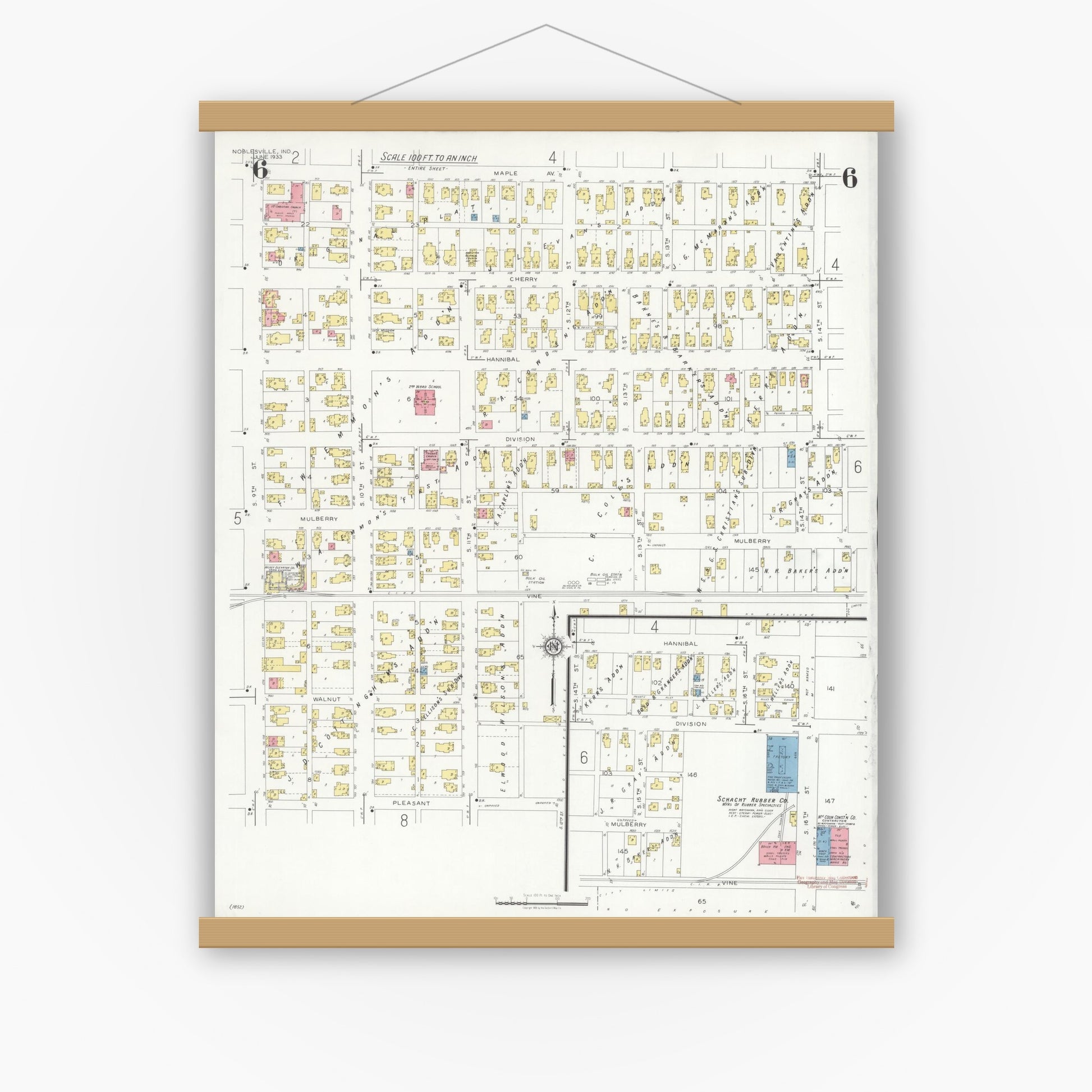 Old map wall art mockup — magnetic wood frame on white wall — Sanborn Fire Insurance Map from Noblesville, Hamilton County, Indiana (1933), Sheet #0006