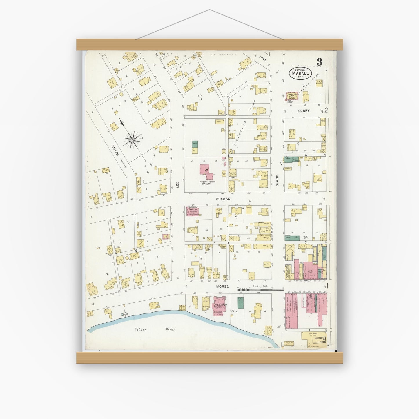 Old map wall art mockup — magnetic wood frame on white wall — Sanborn Fire Insurance Map from Markle, Huntington County, Indiana (1907), Sheet #0003