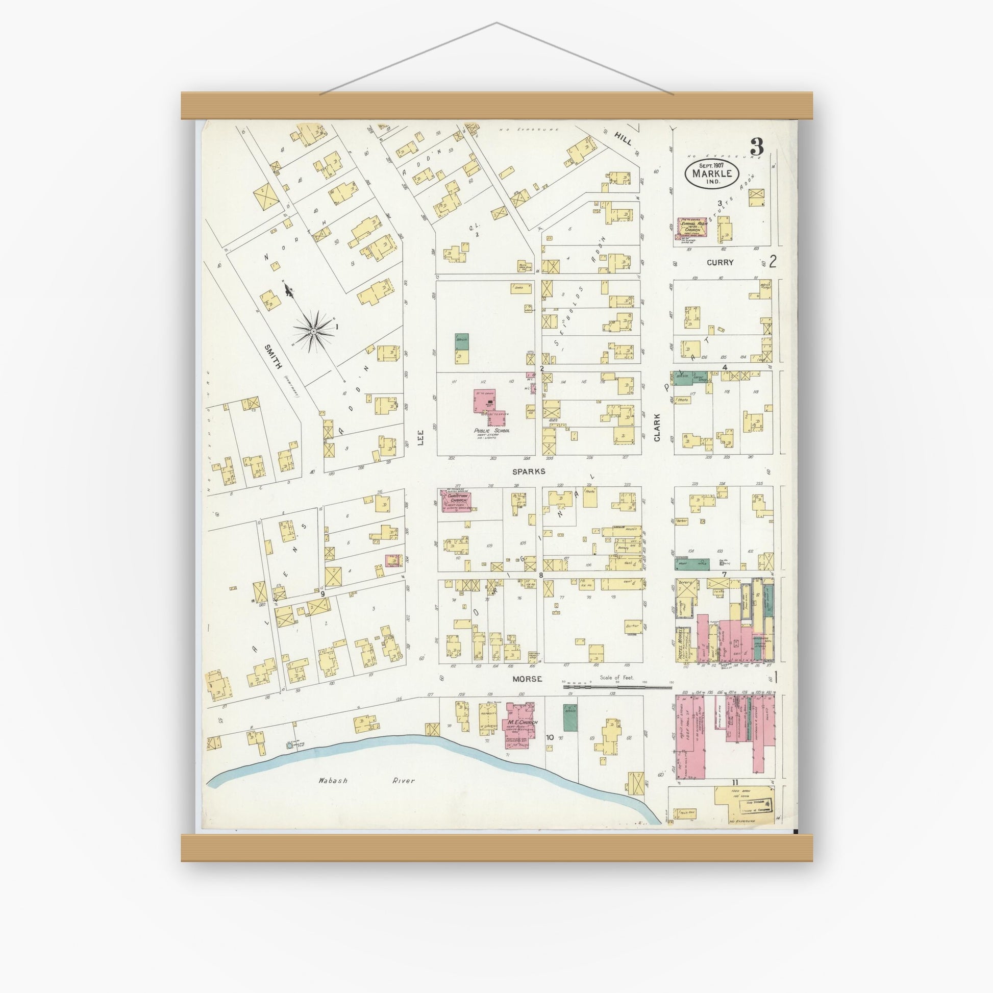 Old map wall art mockup — magnetic wood frame on white wall — Sanborn Fire Insurance Map from Markle, Huntington County, Indiana (1907), Sheet #0003