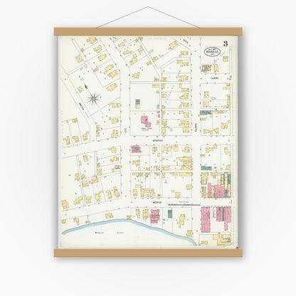 Old map wall art mockup — magnetic wood frame on white wall — Sanborn Fire Insurance Map from Markle, Huntington County, Indiana (1907), Sheet #0003