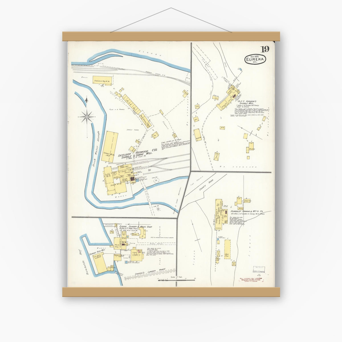 Old map wall art mockup — magnetic wood frame on white wall — Sanborn Fire Insurance Map from Eureka, Humboldt County, California (1892), Sheet #0019