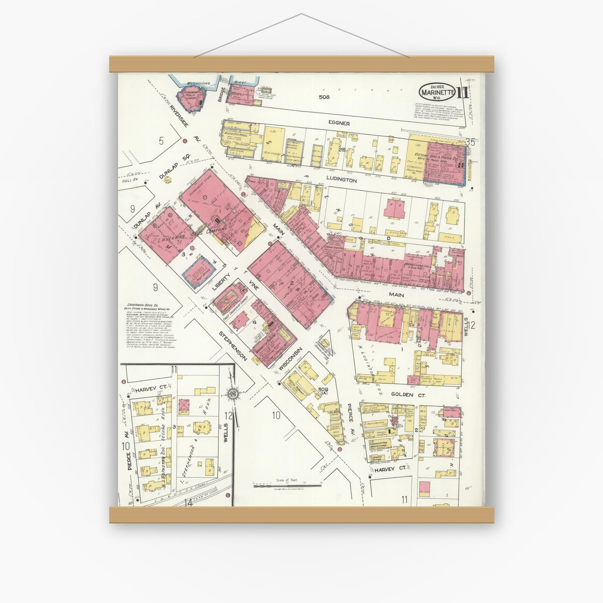 Old map wall art mockup — magnetic wood frame on white wall — Sanborn Fire Insurance Map from Marinette, Marinette County, Wisconsin (1921), Sheet #0011