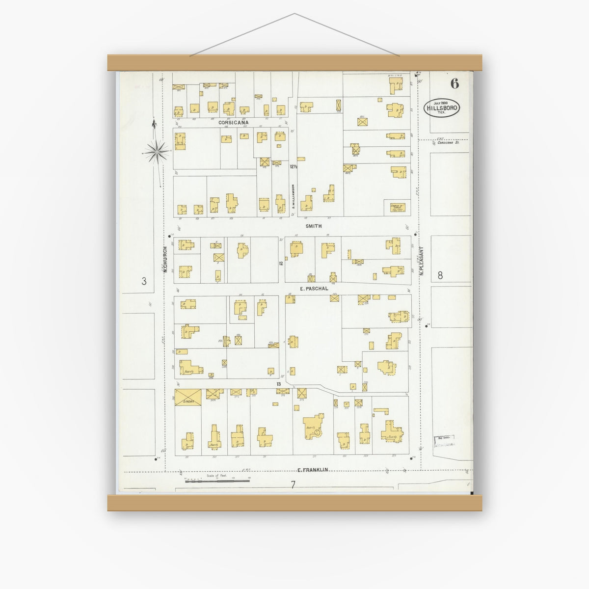 Old map wall art mockup — magnetic wood frame on white wall — Sanborn Fire Insurance Map from Hillsboro, Hill County, Texas (1900), Sheet #0006