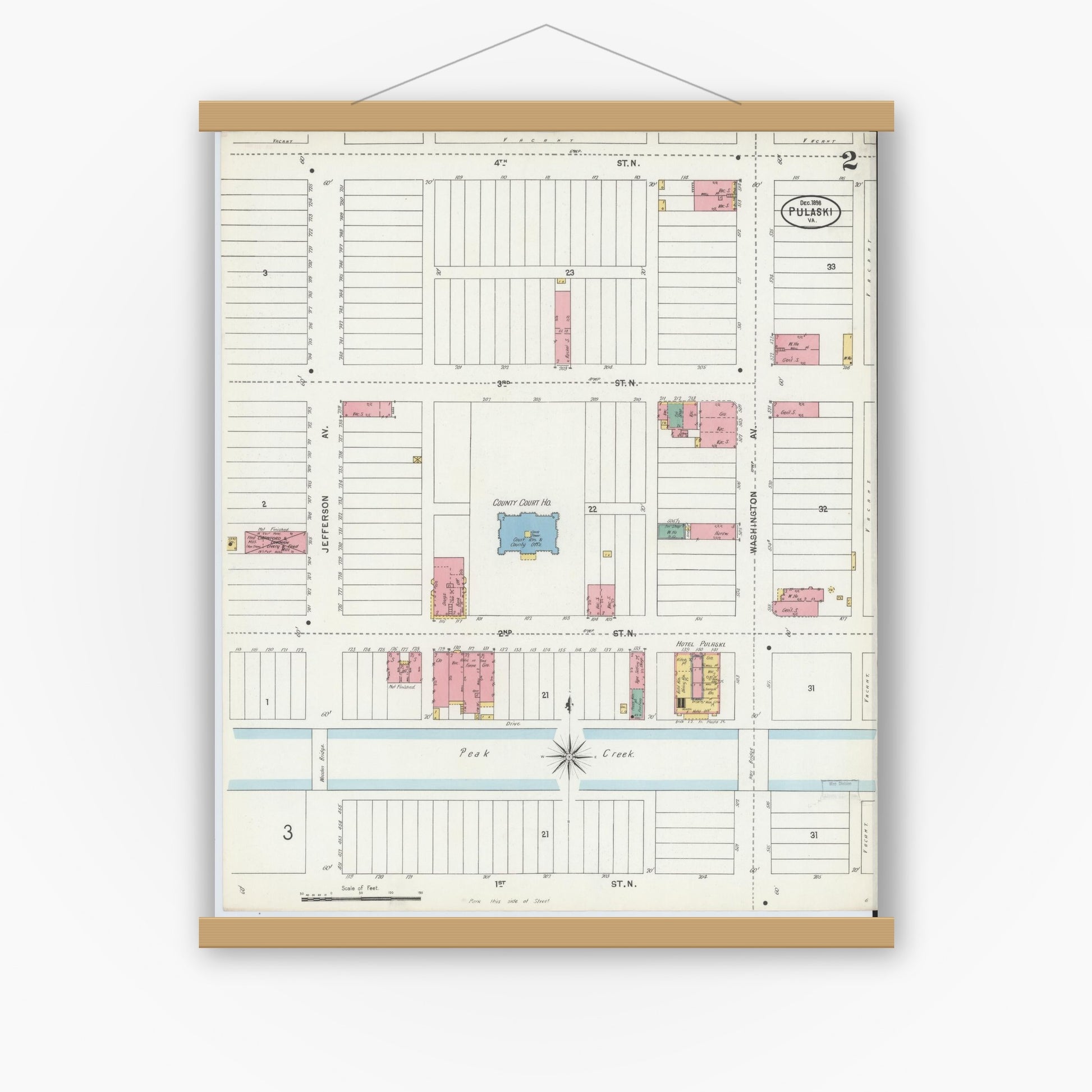 Old map wall art mockup — magnetic wood frame on white wall — Sanborn Fire Insurance Map from Pulaski, Pulaski County, Virginia (1898), Sheet #0002