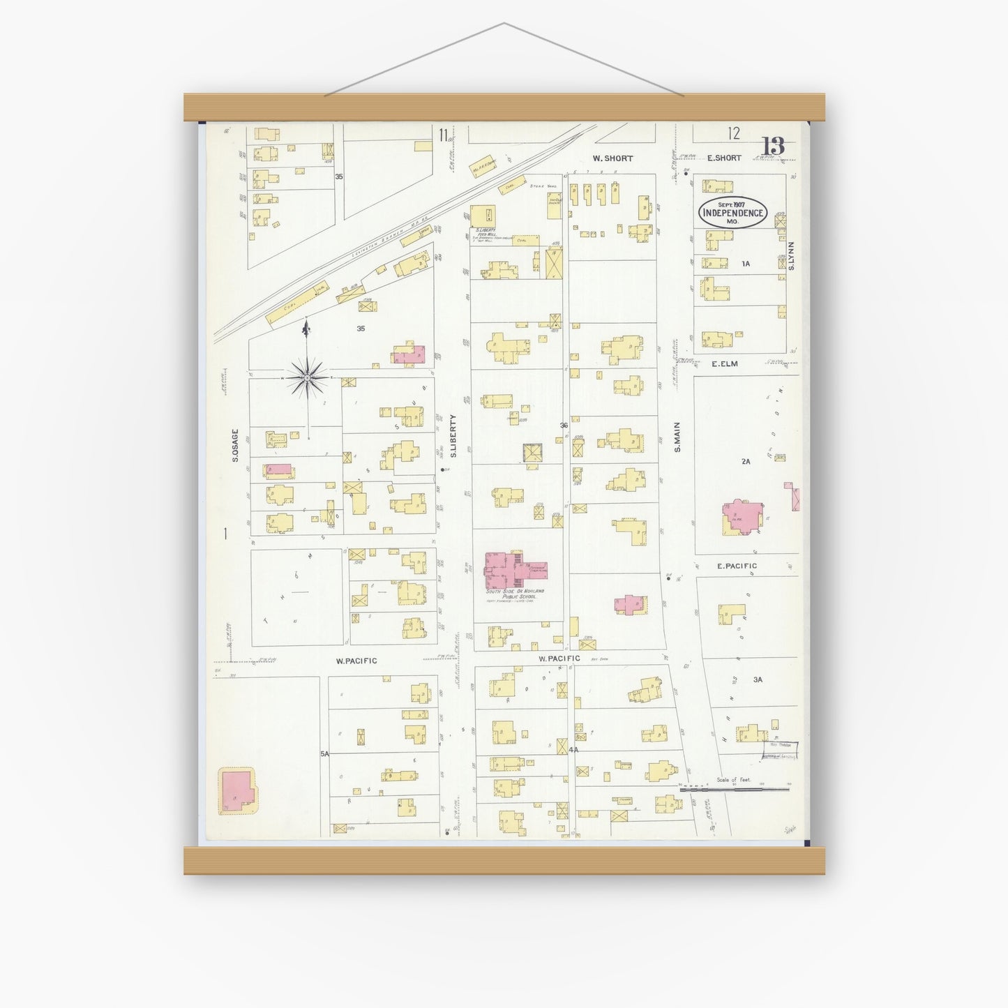 Old map wall art mockup — magnetic wood frame on white wall — Sanborn Fire Insurance Map from Independence, Jackson County, Missouri (1907), Sheet #0013