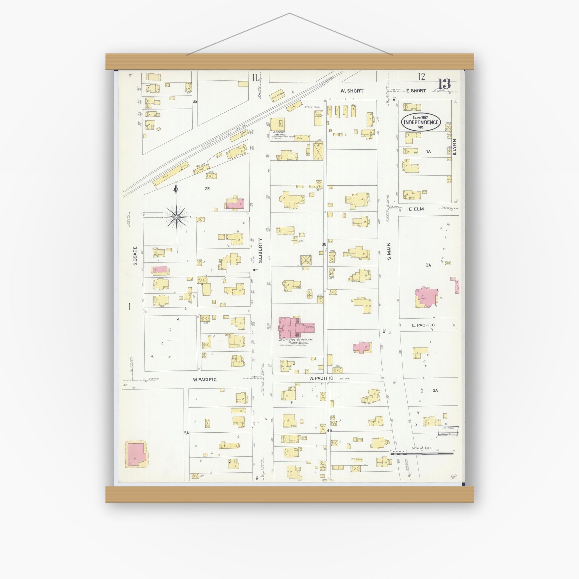 Old map wall art mockup — magnetic wood frame on white wall — Sanborn Fire Insurance Map from Independence, Jackson County, Missouri (1907), Sheet #0013