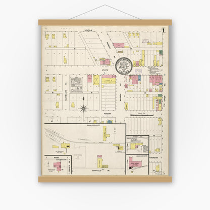 Old map wall art mockup — magnetic wood frame on white wall — Sanborn Fire Insurance Map from Ashley, Steuben County, Indiana (1909), Sheet #0001