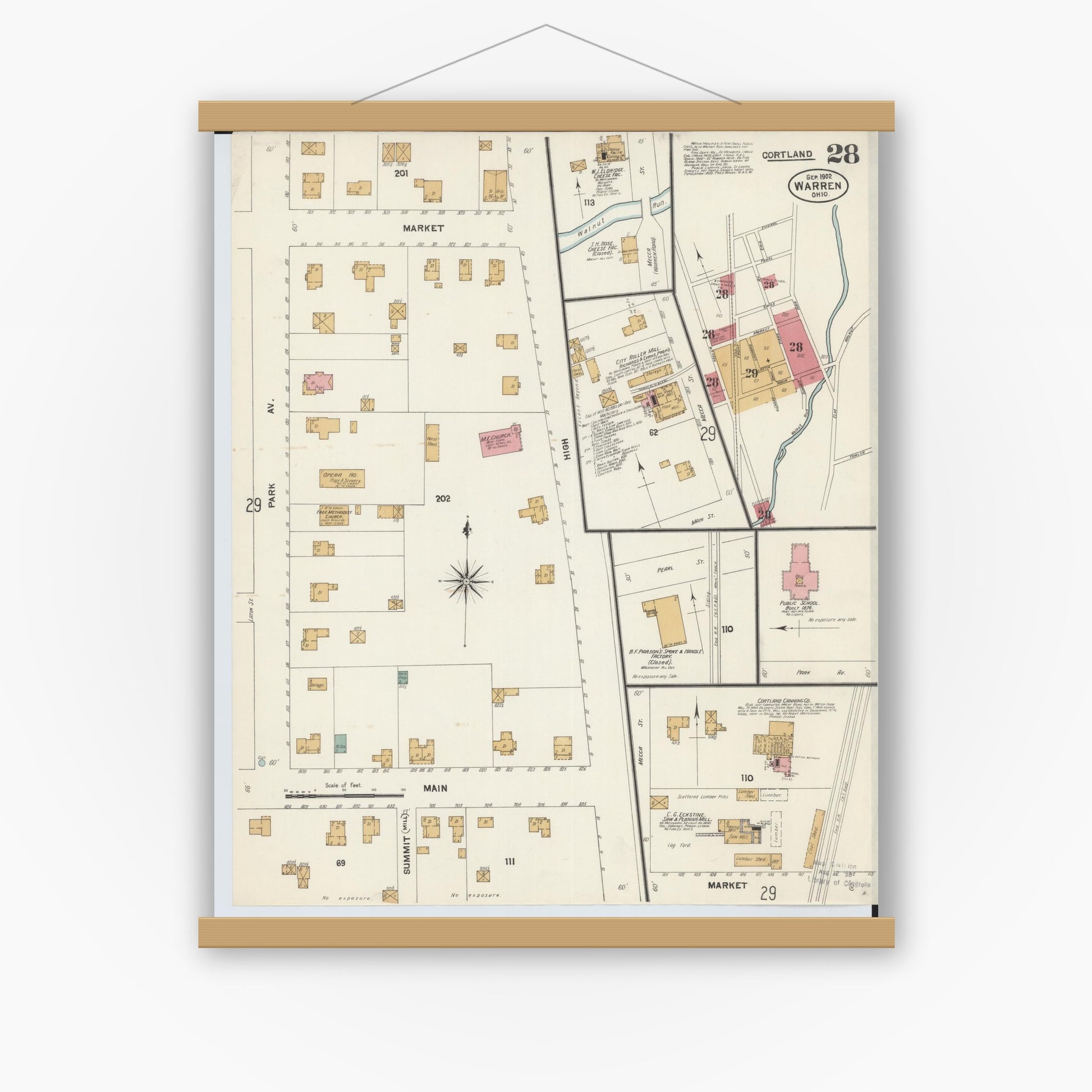 Old map wall art mockup — magnetic wood frame on white wall — Sanborn Fire Insurance Map from Warren, Trumbull County, Ohio (1902), Sheet #0028