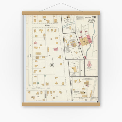 Old map wall art mockup — magnetic wood frame on white wall — Sanborn Fire Insurance Map from Warren, Trumbull County, Ohio (1902), Sheet #0028