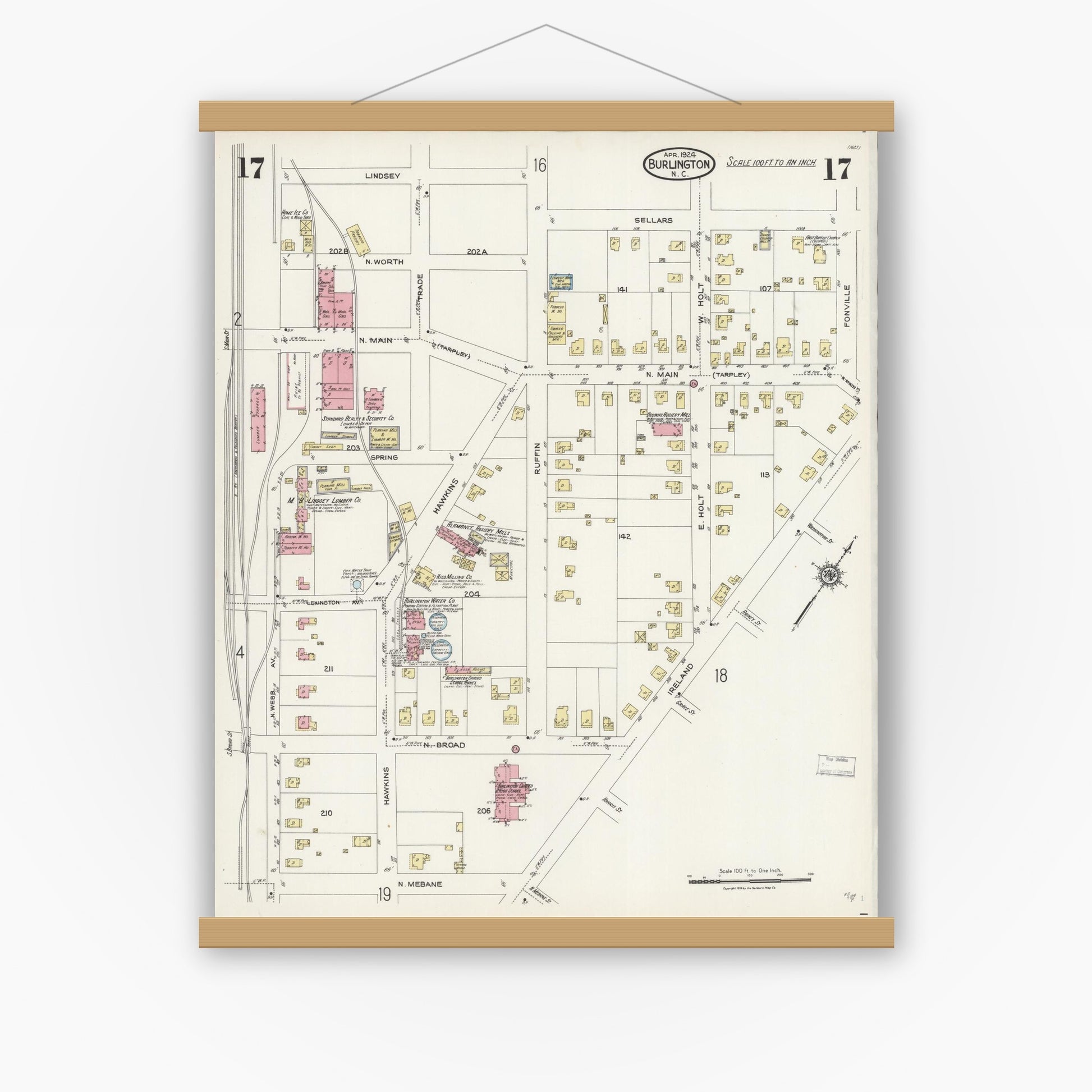 Old map wall art mockup — magnetic wood frame on white wall — Sanborn Fire Insurance Map from Burlington, Alamance County, North Carolina (1924), Sheet #0017