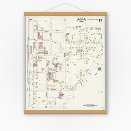 Old map wall art mockup — magnetic wood frame on white wall — Sanborn Fire Insurance Map from Burlington, Alamance County, North Carolina (1924), Sheet #0017