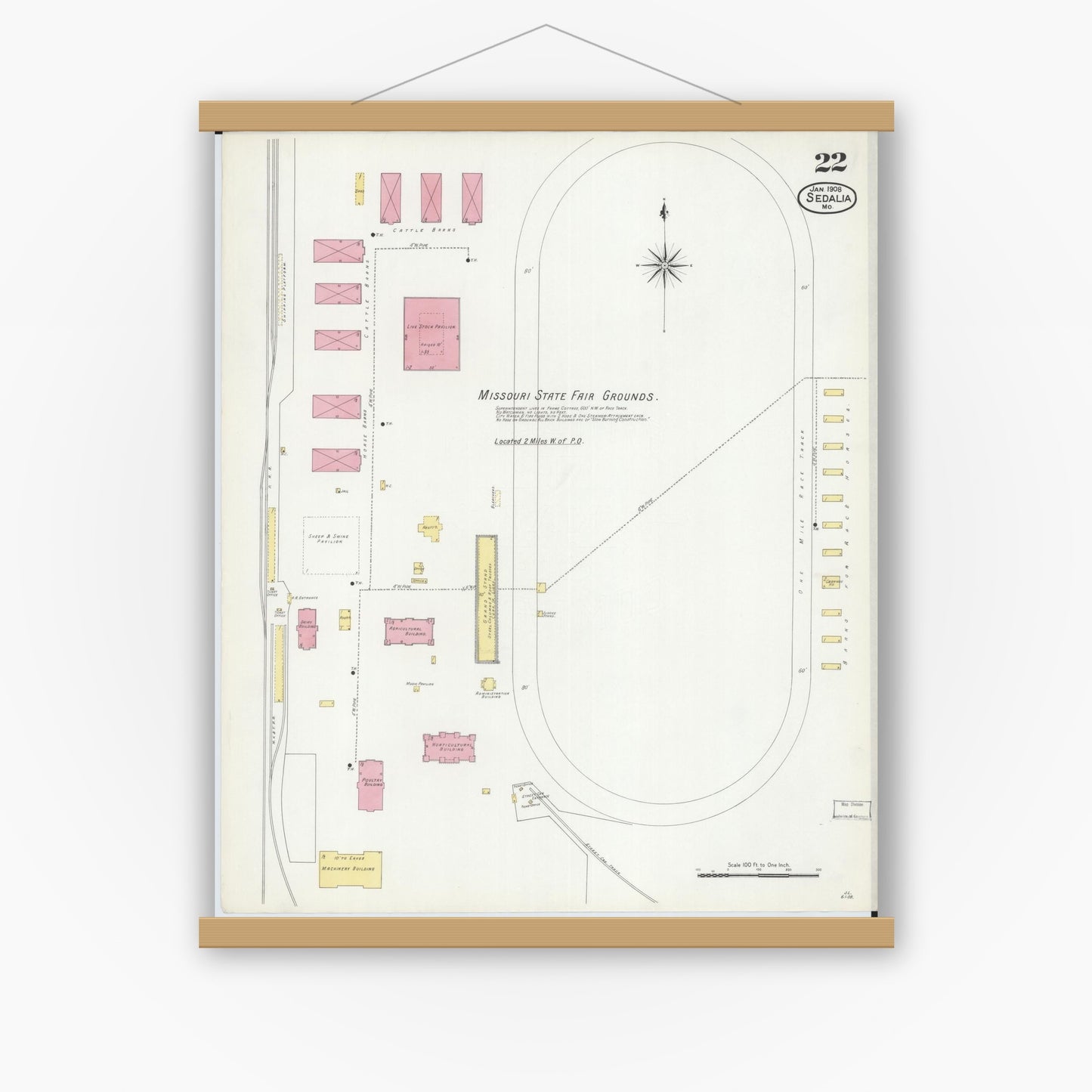 Old map wall art mockup — magnetic wood frame on white wall — Sanborn Fire Insurance Map from Sedalia, Pettis County, Missouri (1908), Sheet #0022