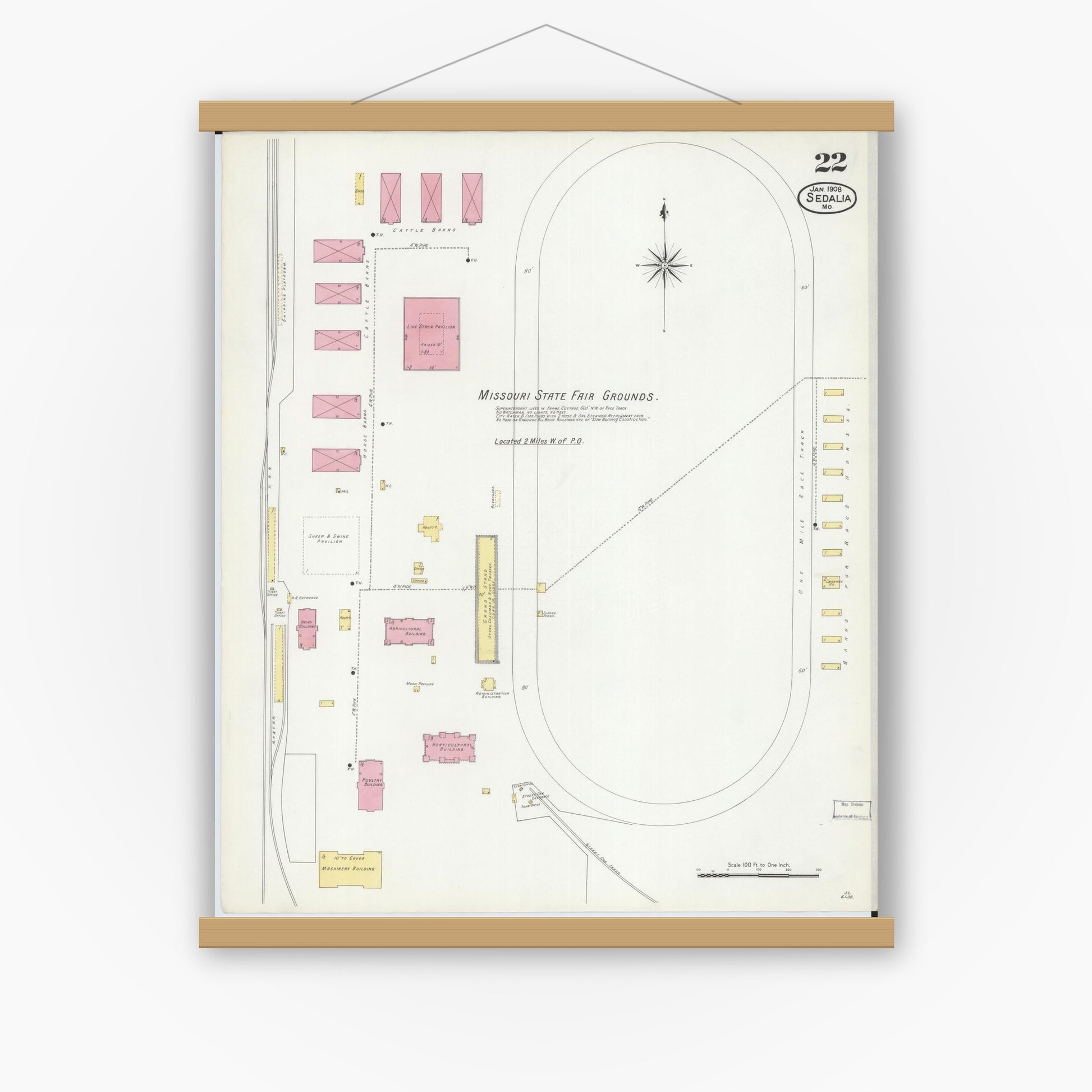 Old map wall art mockup — magnetic wood frame on white wall — Sanborn Fire Insurance Map from Sedalia, Pettis County, Missouri (1908), Sheet #0022