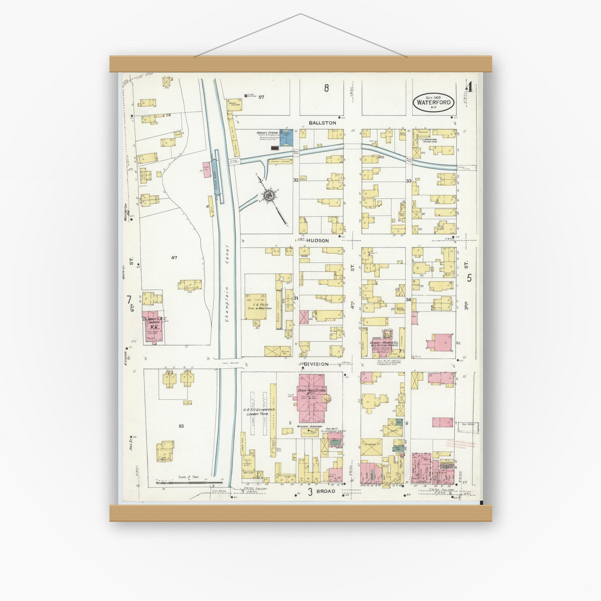 Old map wall art mockup — magnetic wood frame on white wall — Sanborn Fire Insurance Map from Waterford, Saratoga County, New York (1909), Sheet #0004