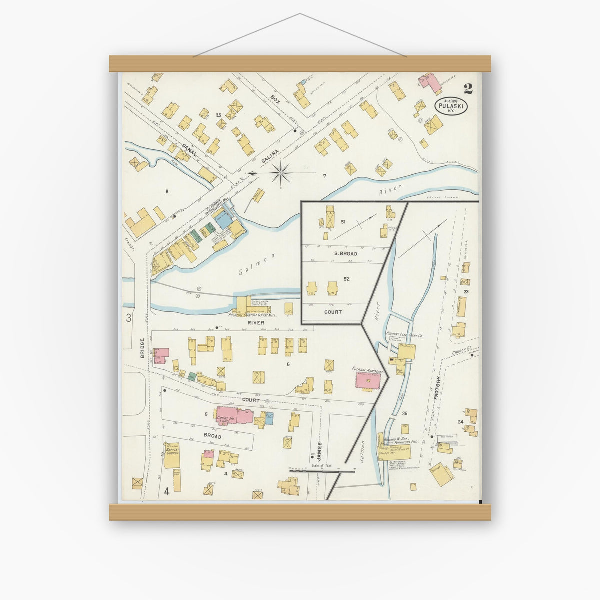 Old map wall art mockup — magnetic wood frame on white wall — Sanborn Fire Insurance Map from Pulaski, Oswego County, New York (1898), Sheet #0002