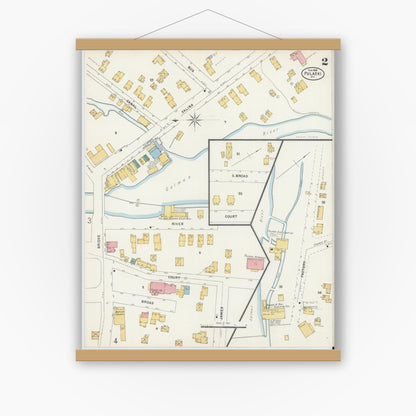 Old map wall art mockup — magnetic wood frame on white wall — Sanborn Fire Insurance Map from Pulaski, Oswego County, New York (1898), Sheet #0002
