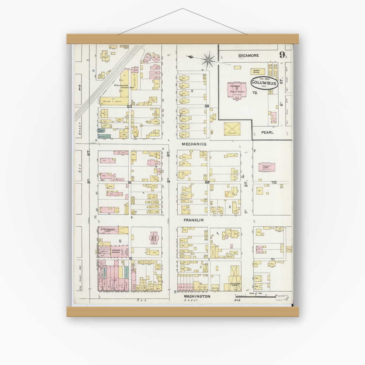 Old map wall art mockup — magnetic wood frame on white wall — Sanborn Fire Insurance Map from Columbus, Bartholomew County, Indiana (1890), Sheet #0009