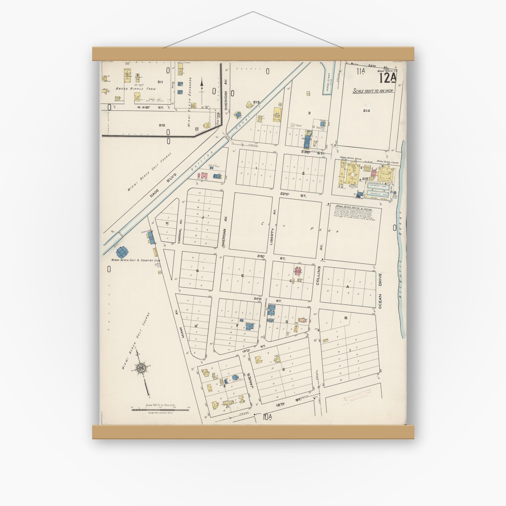 Old map wall art mockup — magnetic wood frame on white wall — Sanborn Fire Insurance Map from Miami Beach, Dade County, Florida (1921), Sheet #0012
