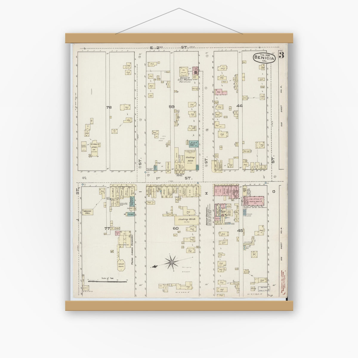 Old map wall art mockup — magnetic wood frame on white wall — Sanborn Fire Insurance Map from Benicia, Solano County, California (1886), Sheet #0003