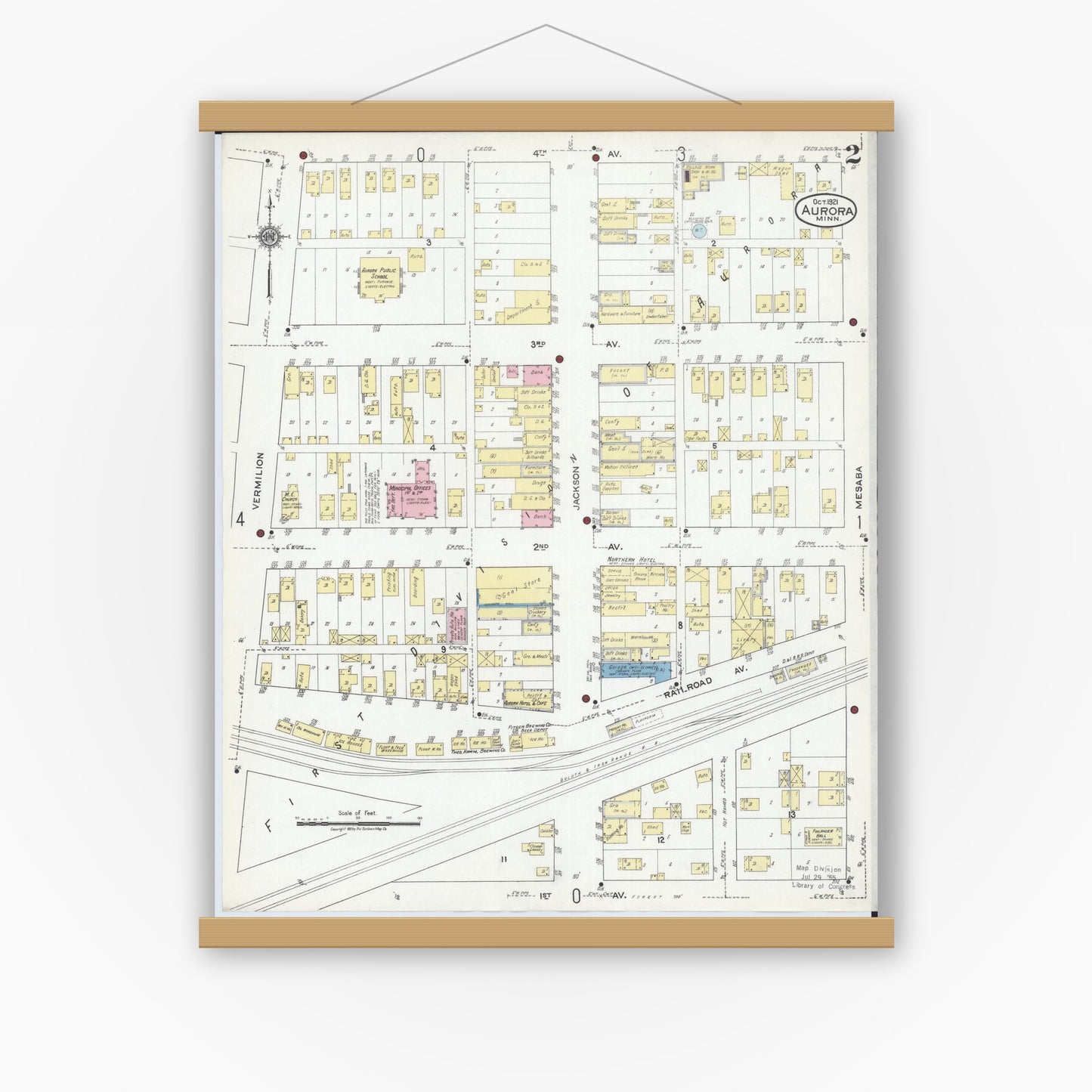 Old map wall art mockup — magnetic wood frame on white wall — Sanborn Fire Insurance Map from Aurora, Saint Louis County, Minnesota (1921), Sheet #0002