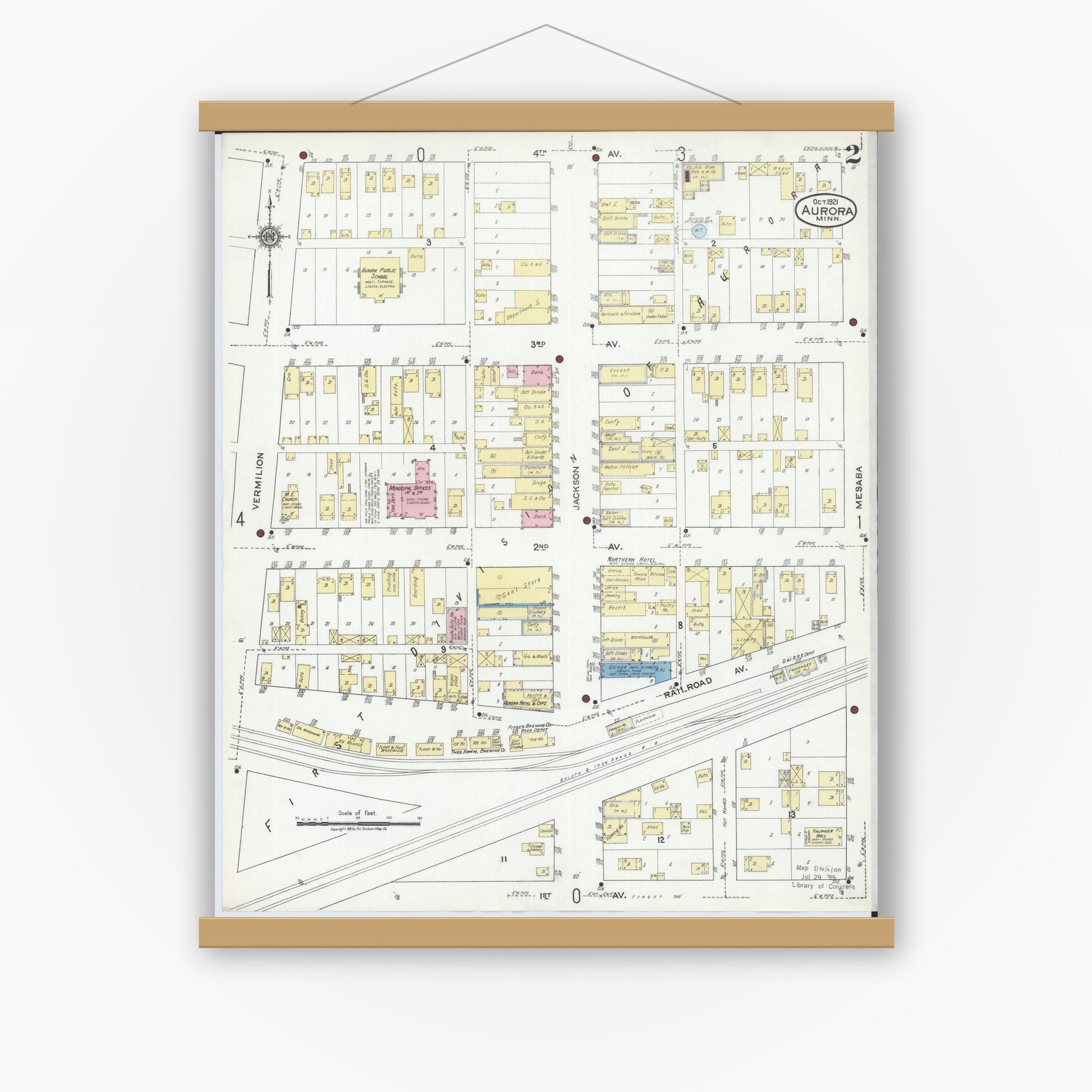 Old map wall art mockup — magnetic wood frame on white wall — Sanborn Fire Insurance Map from Aurora, Saint Louis County, Minnesota (1921), Sheet #0002