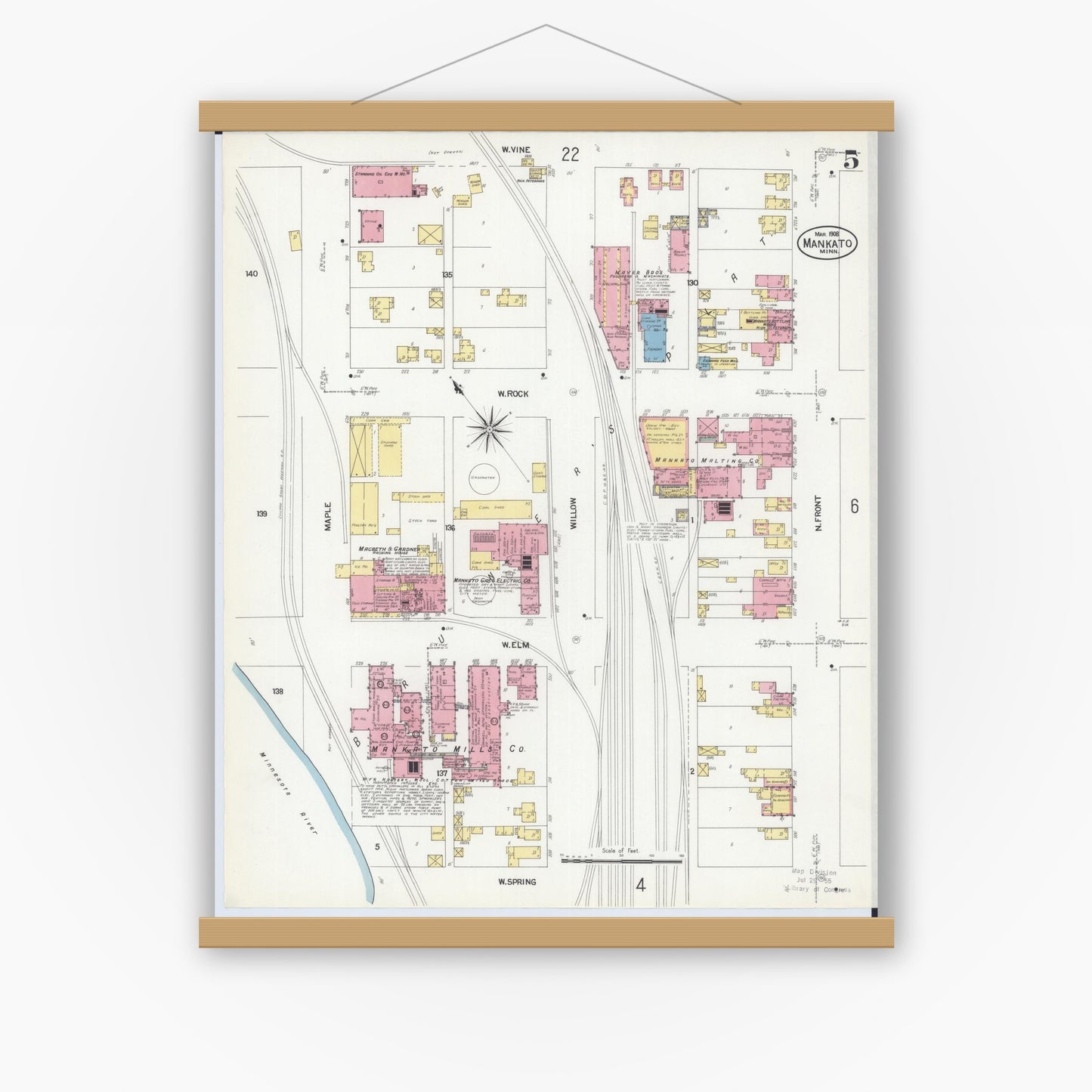 Old map wall art mockup — magnetic wood frame on white wall — Sanborn Fire Insurance Map from Mankato, Blue Earth County, Minnesota (1908), Sheet #0005