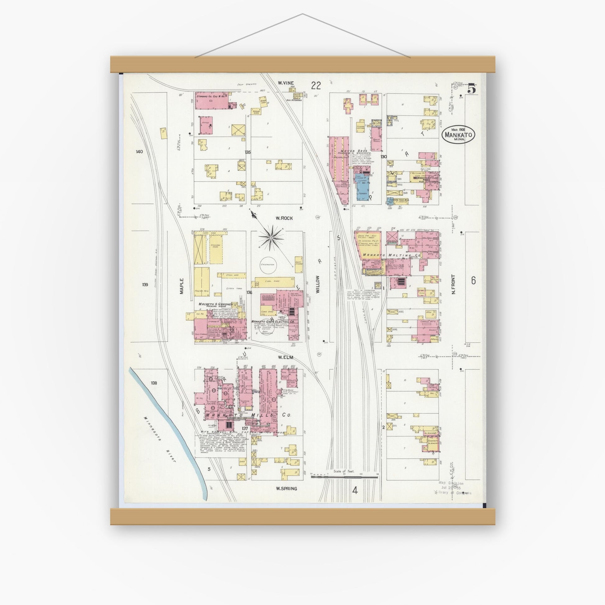 Old map wall art mockup — magnetic wood frame on white wall — Sanborn Fire Insurance Map from Mankato, Blue Earth County, Minnesota (1908), Sheet #0005