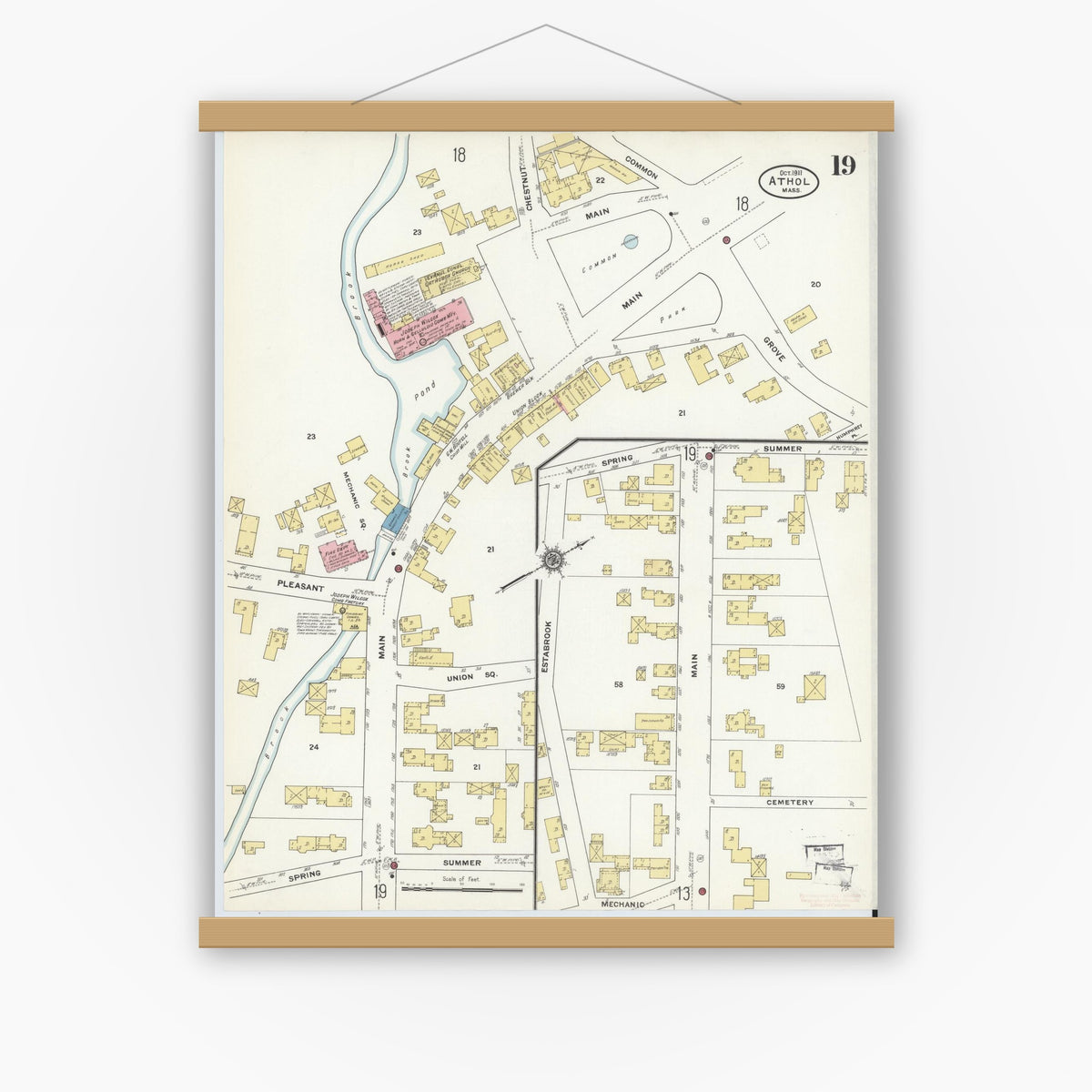 Old map wall art mockup — magnetic wood frame on white wall — Sanborn Fire Insurance Map from Athol, Worcester County, Massachusetts (1911), Sheet #0019