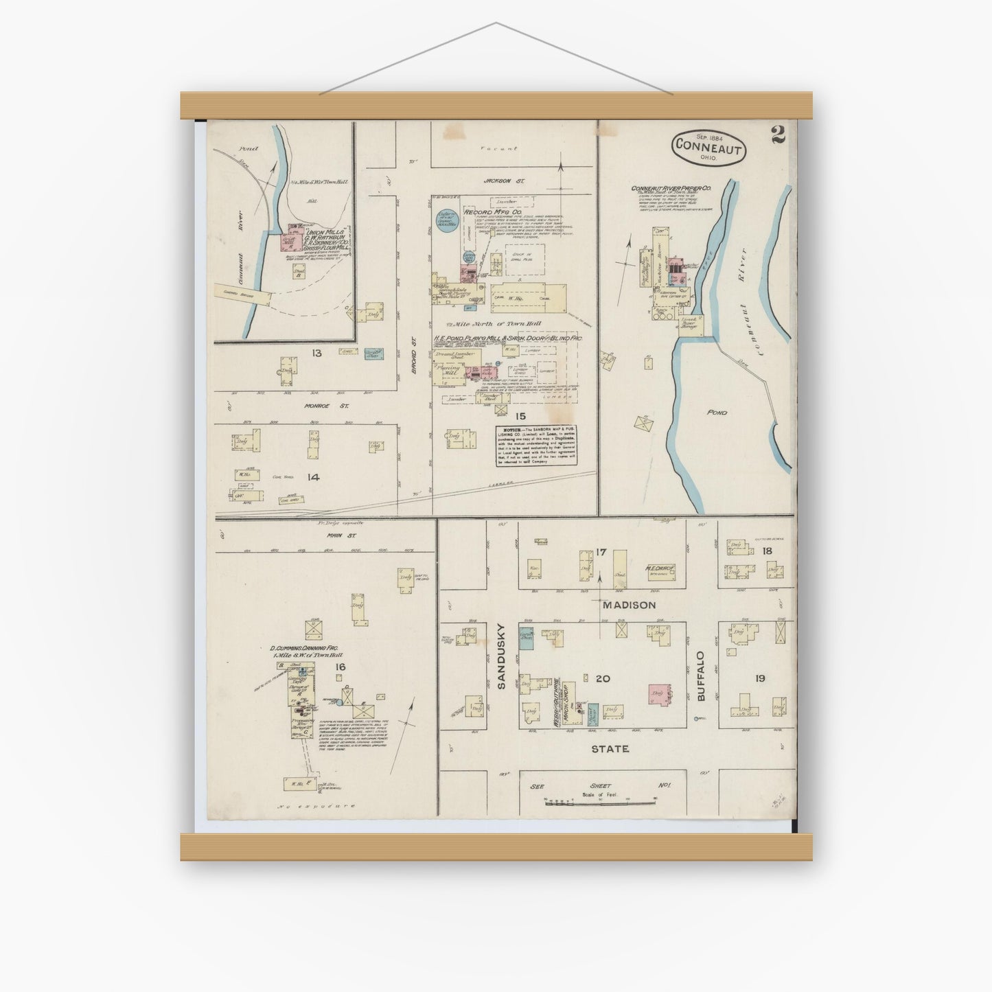 Old map wall art mockup — magnetic wood frame on white wall — Sanborn Fire Insurance Map from Conneaut, Ashtabula County, Ohio (1884), Sheet #0002
