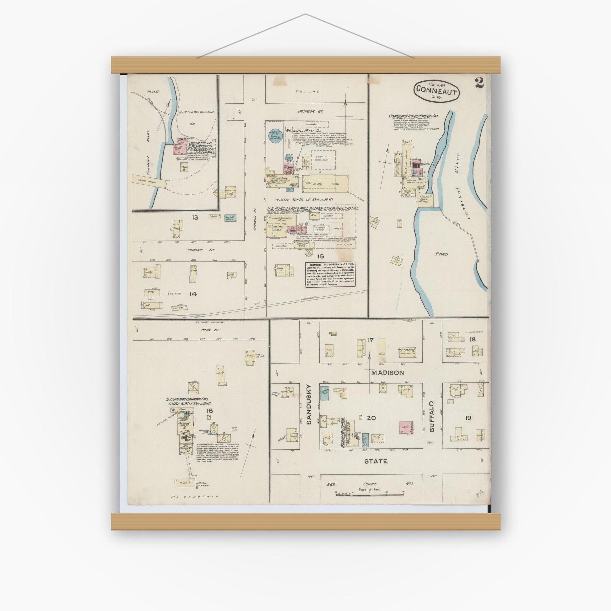 Old map wall art mockup — magnetic wood frame on white wall — Sanborn Fire Insurance Map from Conneaut, Ashtabula County, Ohio (1884), Sheet #0002