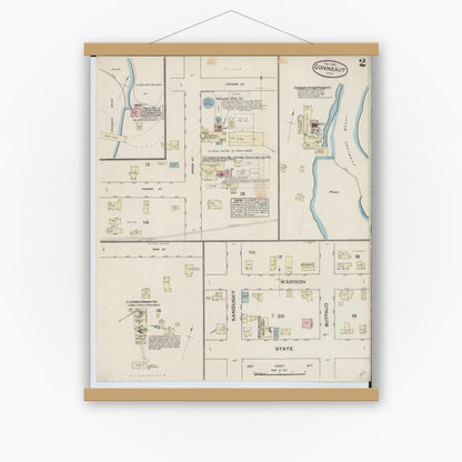 Old map wall art mockup — magnetic wood frame on white wall — Sanborn Fire Insurance Map from Conneaut, Ashtabula County, Ohio (1884), Sheet #0002