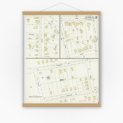 Old map wall art mockup — magnetic wood frame on white wall — Sanborn Fire Insurance Map from Patchogue, Suffolk County, New York (1897) - Complete Map Set