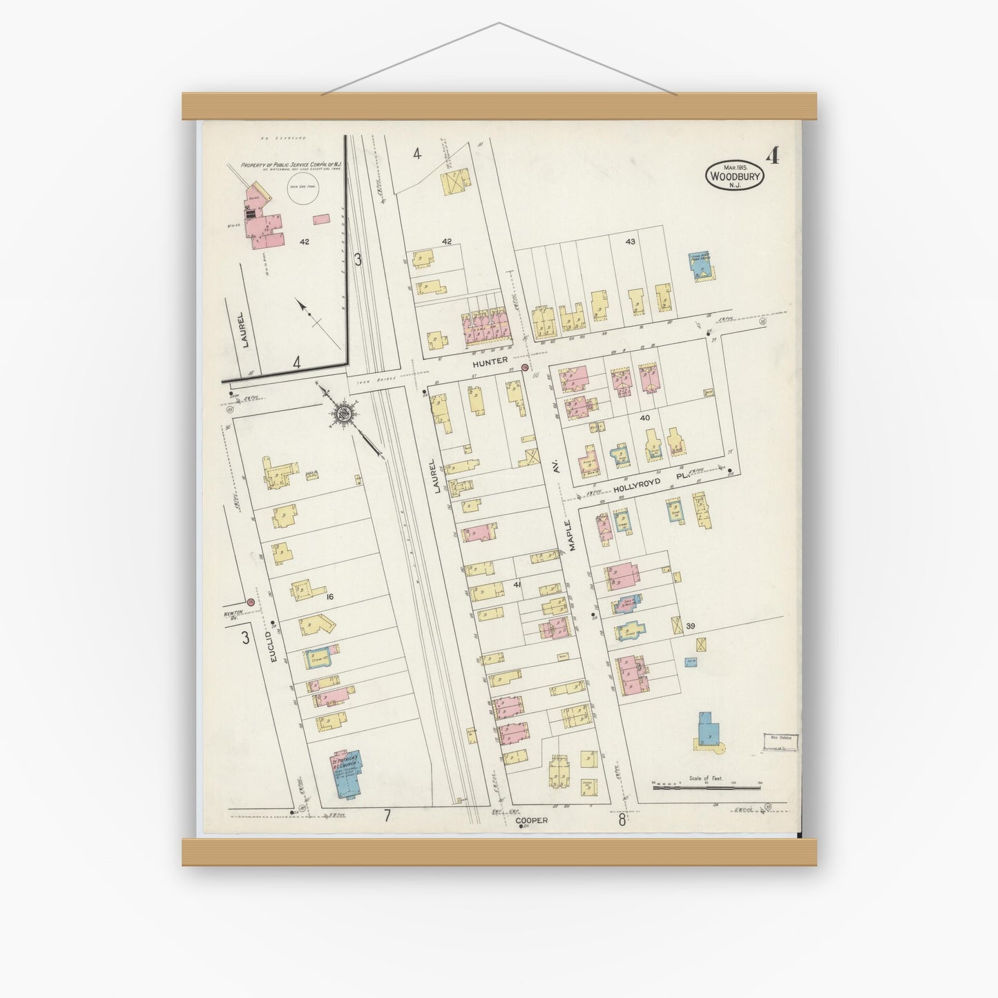 Old map wall art mockup — magnetic wood frame on white wall — Sanborn Fire Insurance Map from Woodbury, Gloucester County, New Jersey (1915), Sheet #0004