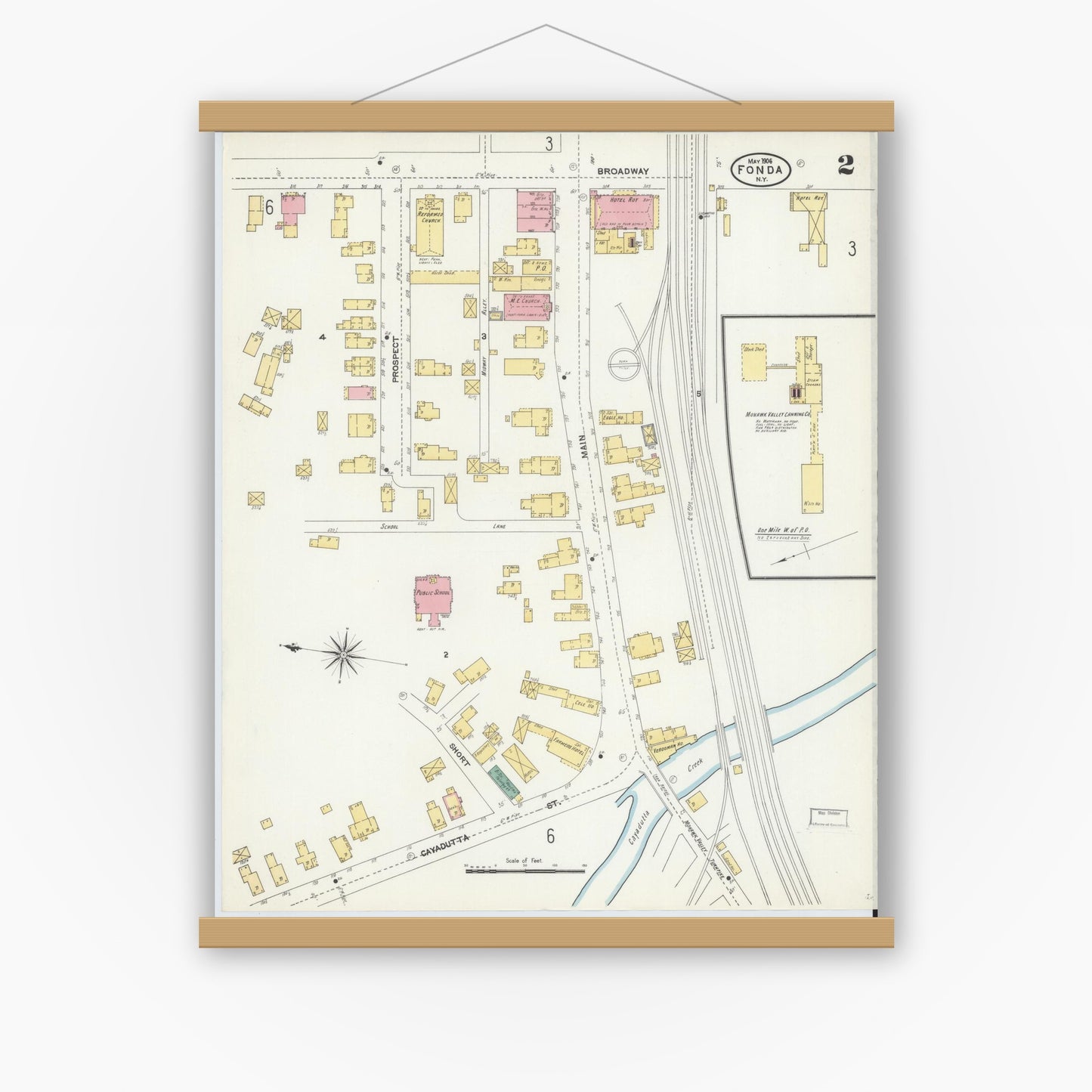 Old map wall art mockup — magnetic wood frame on white wall — Sanborn Fire Insurance Map from Fonda, Montgomery County, New York (1906), Sheet #0002