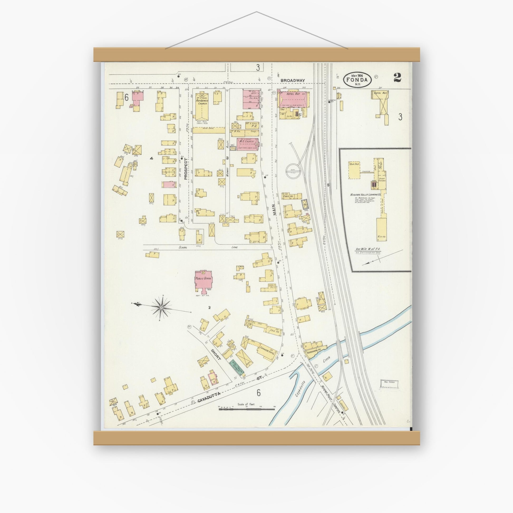 Old map wall art mockup — magnetic wood frame on white wall — Sanborn Fire Insurance Map from Fonda, Montgomery County, New York (1906), Sheet #0002