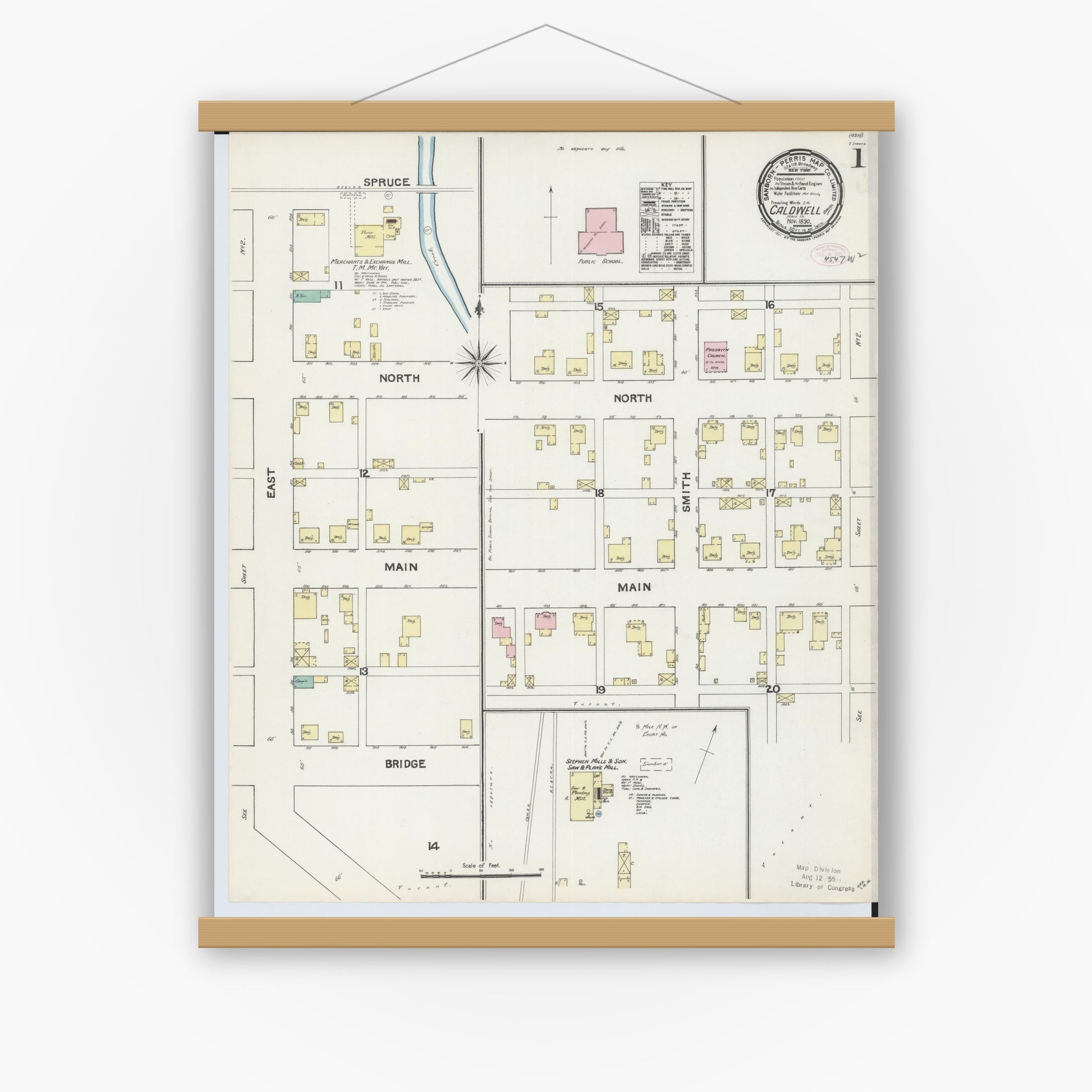 Old map wall art mockup — magnetic wood frame on white wall — Sanborn Fire Insurance Map from Caldwell, Noble County, Ohio (1890), Sheet #0001