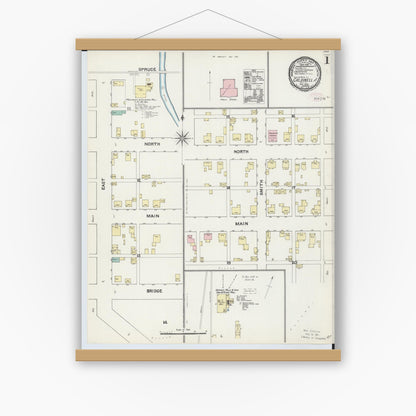 Old map wall art mockup — magnetic wood frame on white wall — Sanborn Fire Insurance Map from Caldwell, Noble County, Ohio (1890), Sheet #0001